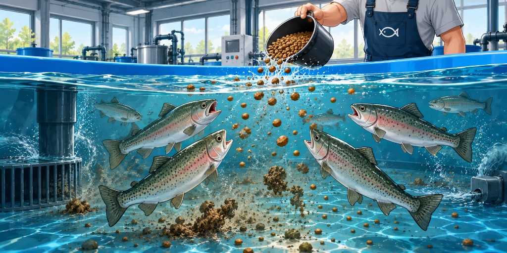 Кормление форели в бассейне УЗВ: корм падает в воду, рыба поднимается к поверхности