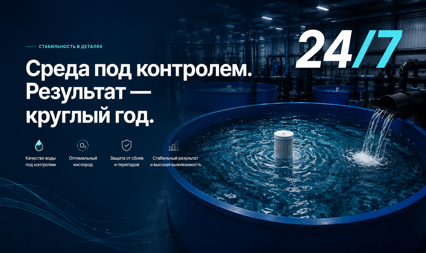 Среда под контролем. Результат — круглый год. Контроль качества воды, кислорода и стабильности системы 24/7.